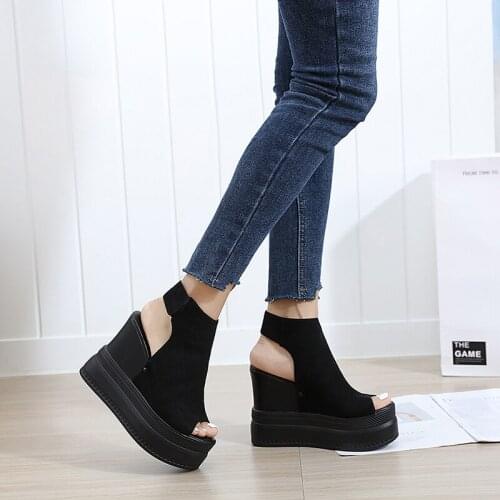 14 CM Super High Heels Platform Women Sandals Fashion Black White Thick Bottom Wedges Female Sandals Sexy Peep Toe Rome Shoes