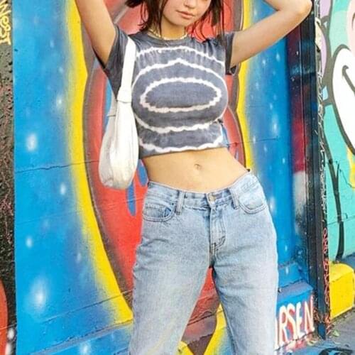 Streetwear Tie Dye T-Shirts Aesthetics O-Neck Short Sleeve Crop Tops Vintage Cute Tees Girl Outfit Slim
