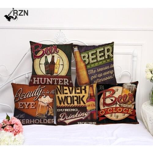Vintage Beer Bottle Cartoon Pillow Case Alphabet Beer Printed Throw Pillow Vintage Home Decorative Cotton Linen Cushion Cover