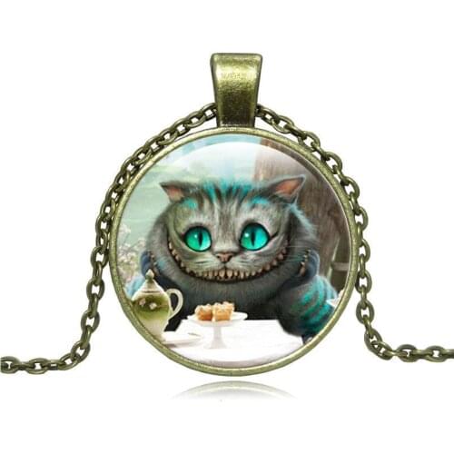 XUSHUI XJ Cheshire Cat Glass Cabochon Pendant Necklace Alice in Wonderland Vintage Jewelry Antique bronze Chain Necklace Women