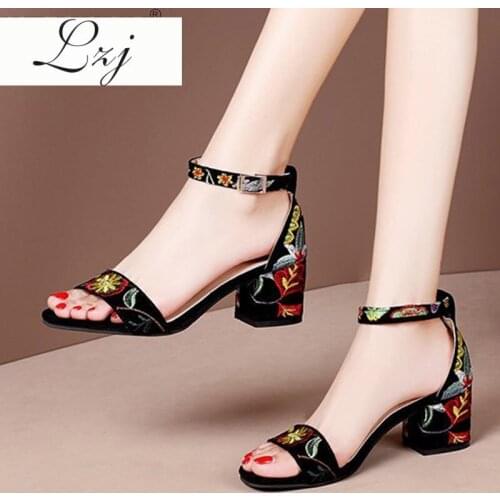 Plus Size 41 Summer Women Sandals Embroider Ankle Strap Sandal High Heels Dress Shoes Flower Ladies Shoes Sandalias Mujer