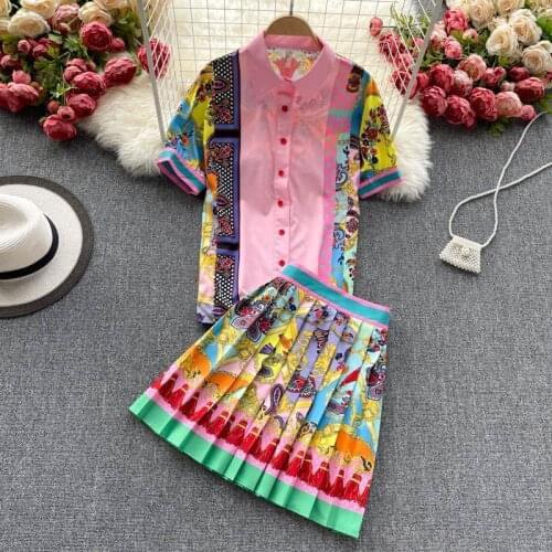 Women Summer Shirt Set Short-sleeved Shirt Print Fashionable Plus Elastic Waist Single Breasted Turn-down Collar Casual Suit