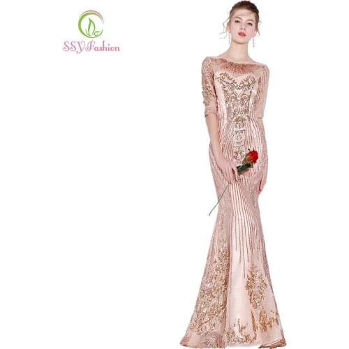 SSYFashion New Mermaid Prom Dress Half Sleeved Appliques Champagne Evening Party Formal Gown Robe De Soiree Reflective Dress