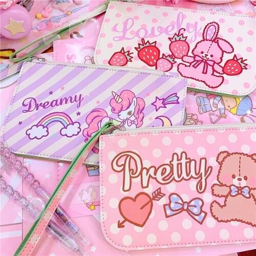 1pc Lovely Cartoon Pink Rabbit Bear Pu Leather Embroidery Storage Purses Bags Girls Gifts