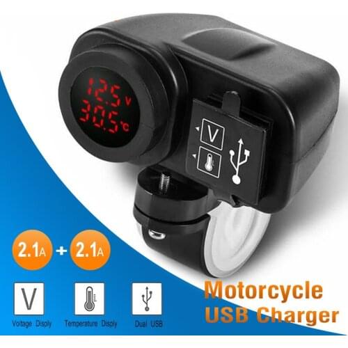 12V-30V Motorcycle Phone Charger Digital Display Dual USB Charger Voltmeter Thermometer for Cell Phone for Motorcycle Racing