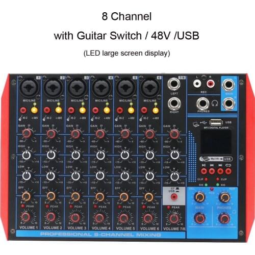 8 Channel Digital Sound Card For Condenser Dynamic Microphone 48V Bluetooth USB Mixer Computer PC Laptop Live Guitar Switch