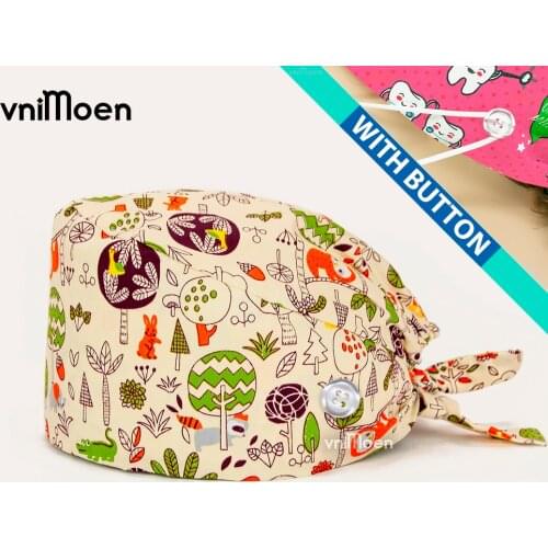 Nurse accessories High quality pure cotton flower printing medical surgical cap long hair care scrub cap nursing cap with Button