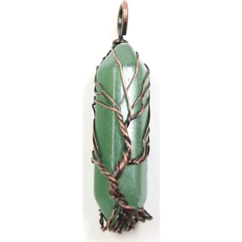 Antique Copper Plated Irregular Shape Natural Green Aventurine Pendant Wire Wrap Tree of Life Jewelry