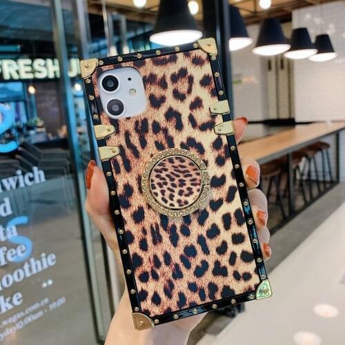 Leopard Skin Case For iPhone 12 Pro Max 11 Pro Max 12 Mini Xr Xs Max 7 8 6S Plus Square Glitter Diamond Ring Stand Leopard Cover