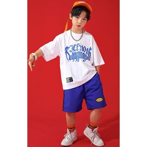Kids Hip Hop T-Shirt Blue Shorts Boys Street Dance Clothes Girls Jazz Dance Performance Wear Sport Rave Hiphop Costume BL6328