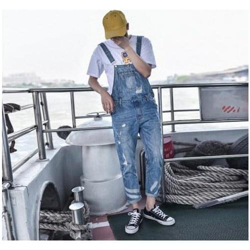 Summer New Suspenders Men Fashion Tide Hole Jeans Trouser Denim Jumpsuit For Men Bib Pants Singer Overalls Stage Costumes M--XXL