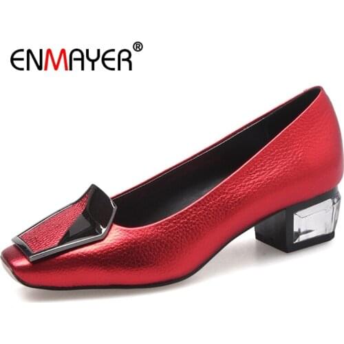 Enmayer Genuine Leather Square Toe Zapatos De Mujer Pumps Women Shoes Fashion Shoes 2020 Women Shoes Size 34-39 LY418