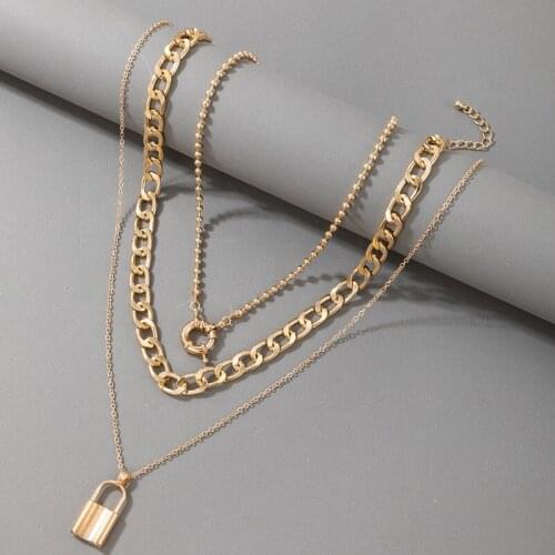 HuaTang Punk Lock Pendant Neckalce for Women Multilayer Gold Color Heavy Thick Chain Geomtric Chain Choker Jewelry Collar 17608