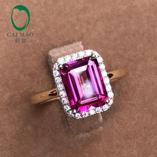 Caimao 14k Yellow Gold 7x9mm Emerald Cut Pink Topaz 2.61ct Pave Set Halo Diamond Engagement Ring