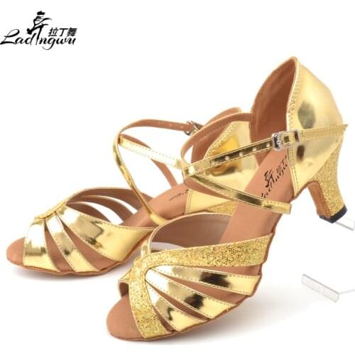 Ladingwu New Golden /Silver PU with Flash Cloth Indoor Ballroom Dance Shoes Soft Bottom Party Latin Salsa Dance Shoes