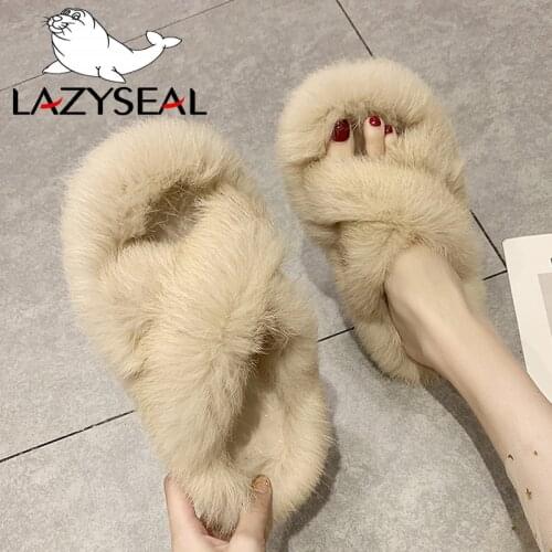 LazySeal Real Rabbit Fur Slippers Woman Shoes Vogue Ladies Flip Flops Flat-soled Casual Plush Shoes Womens Furry Indoor Slides