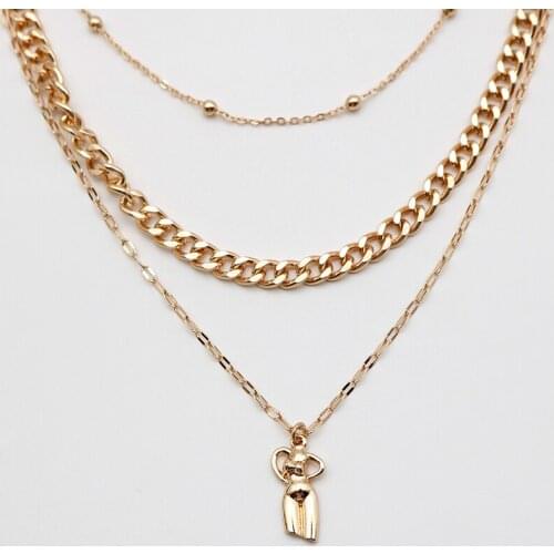 Multi Layer Necklace 3Pcs/Set layered Vintage Pendant Thin Copper Chain Choker Gold Plating Iron Curb Link Women Jewelry 2021111