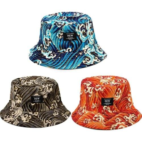 Fashion Hip Hop Sea Wave Print Outdoor Sun Protection Reversible Bucket Hat Cap
