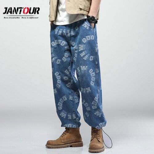 Fashion Three-dimensional text Men Pants Street Hip-hop Jacquard Printed Loose Straight Men Blue Jeans Brand Trousers