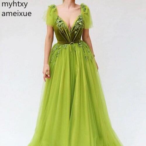 2020 New Hot Arrival Arabic V Neck Plus Size Custom Fresh Green Evening Dress Long Sexy Abiye Formal Dresses Vestidos De Fiesta