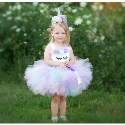 Baby Girls Pastel Unicorn Tutu Dress Kids Crochet Flower Tulle Dress with Hairbow Children Birthday Party Costume Cartoon Dress