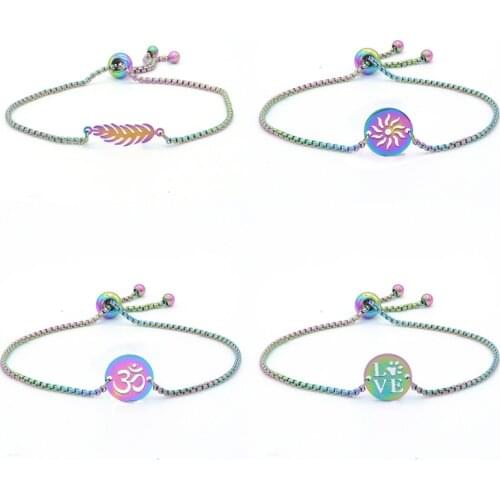 Rinhoo Colorful Feather Stainless Steel Bracelet Women Men Sunflower Yoga Lotus LOVE Adjustable Charm Bracelets Jewelry Gifts
