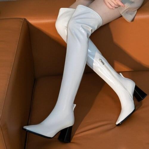 Ladies Patent Leather Stretch Over The Knee Boots Spring Autumn Square Toe Rider Boots Winter Warm Square High Heel Women Shoes