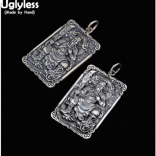 Uglyless 100% Real Solid 990 Pure Silver Square Pendants Necklace no Chains Handmade GUAN YU Figure Pendant Thai Silver Jewelry