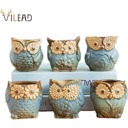 VILEAD 7cm 6 Pcs/Set Creative Retro Owl Small Flower Pot Animal Plant Vase Ornamental Support For Flowers Home Decor Loft Gifts