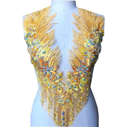 Sew on beads rhinestones yellow lace applique triming patches 59*33cm for evening dress DIY accessories