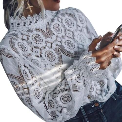 Women Elegant Hollow Out Lace Long Sleeve Blouse High Neck Top AM1043