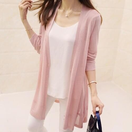 Women 2021 Summer Fashion Ice Silk Knitted Shirt Female Sunscreen Air Conditioning Cardigan Coats Ladies Long Loose Blouses U44