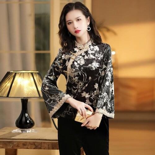 Chinese Style Women Flower Tops Autumn Winter Velvet Cheongsam Top Traditional Clothes For Girl Sexy Lace Qipao Blouse Shirt
