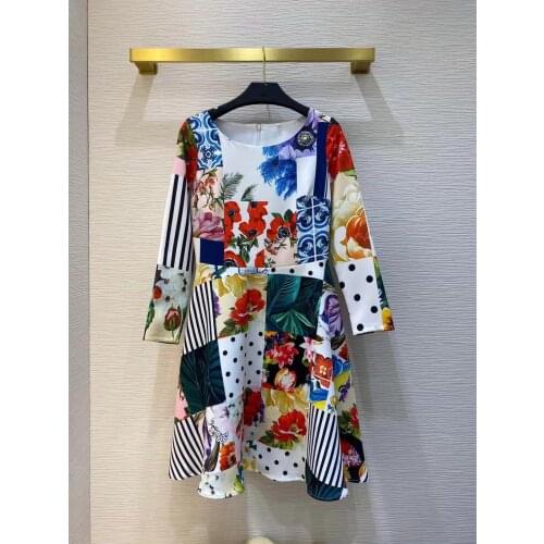 HIGH QUALITY New 2021 Designer Runway Women O-Neck Long Sleeve Mini vintage Flowers Print Empire dress