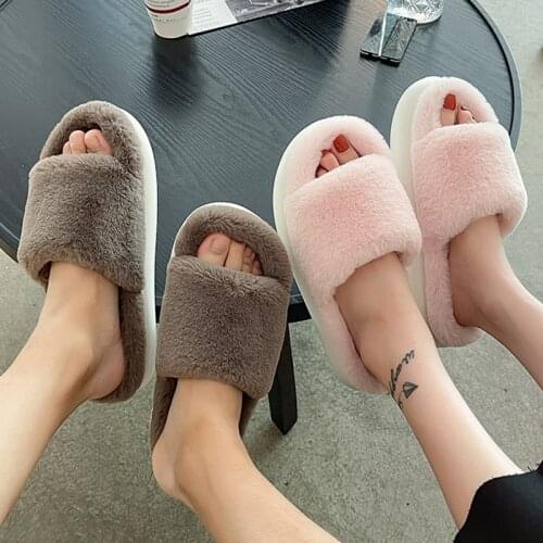 Winter Men Womens Slippers Thick-bottomed Fur Furry Slippers Home Soft Platform Shoes 2021 Indoor House Warm Cotton Slippers