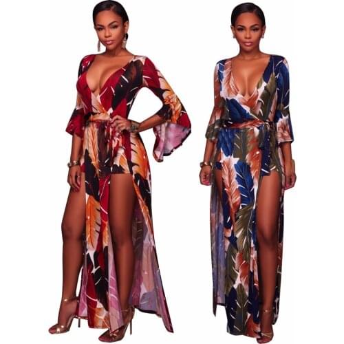 2019 Sexy Women Skinny Playsuits split Clothes Plus size Feather Print Jumpsuits Fashion Lace up body jumpsuit bodysuit