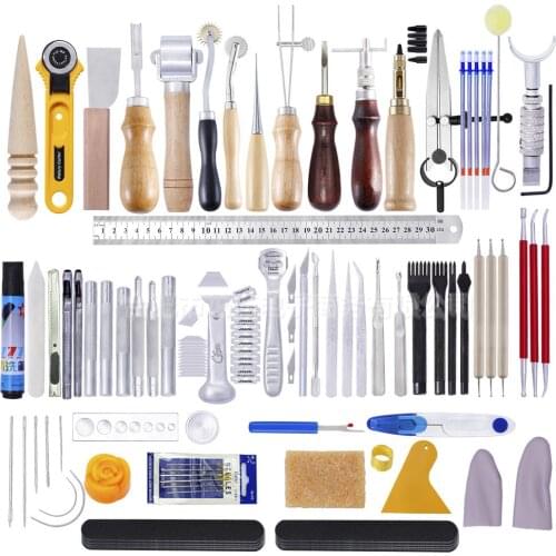 83Pcs DIY Leather Stitching Tool Hand Sewing Kit with Prong Hole Punch Edge Stamping Creaser Groover Awl Leathercraft Tools Set