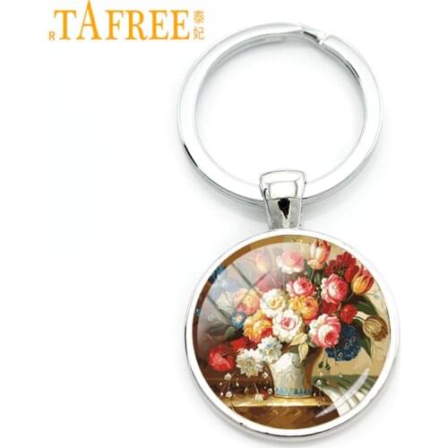 TAFREE Delicate art Flower arrangement keychain Vintage vase Peony Rose Purple daisy key chain Accessories key ring jewelry TB30