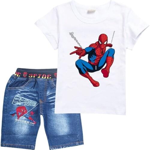Spiderman Kids Clothes Boy Sets Marvel Short Sleeve Children Tshirt and Denim Shorts Disney Cartoon Girl Baby Child Costume Suit