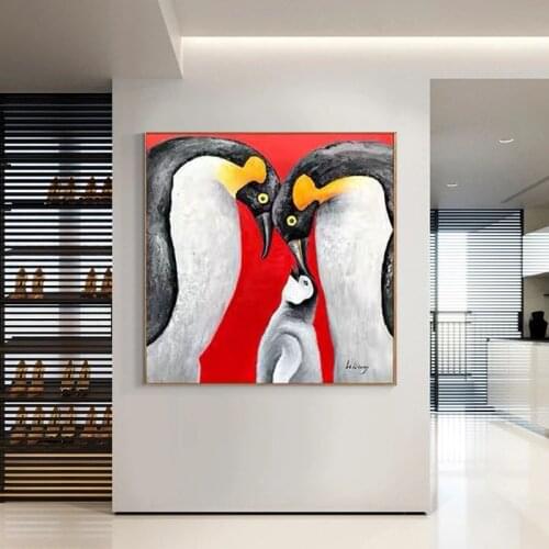 100% Hand Painted Lovely Penguin Family Oil Painting Abstract Handmade Animal Art Paintings Wall Canvas Art For Kids Room Decor