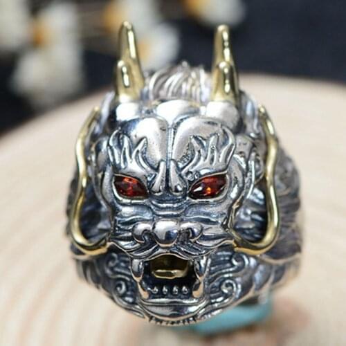 S925 pure silver Thai silver restoring ancient ways is double color stereo dragon king leading domineering man ring