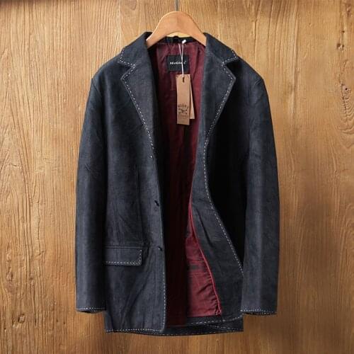 Frosted Cowhide Leather Windbreaker Mens Long Style Lapel Collar Casual Genuine Leather Jacket Men