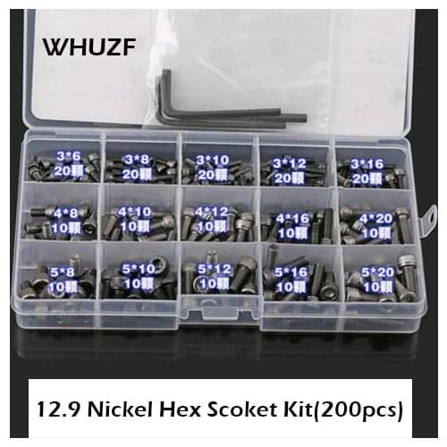 200pcs/Set M3 M4 M5 Screws Kits Set 12.9 Black Nickel Hex Head Socket Screws and Keys Assortment+3 Hex Keys