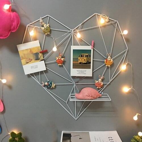 Nordic Style Home Metal Cafe Heart Wall Hanging Shelf Clips Cords Photos Postcards Frame Display Art Storage Rack Holder Decor