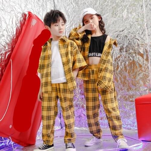 Hip Hop Clothing Children Boys Girls Teenager Yellow Plaid Shirt Tops Pants Jazz Dance Ballroom Dancing Performance Streetwear