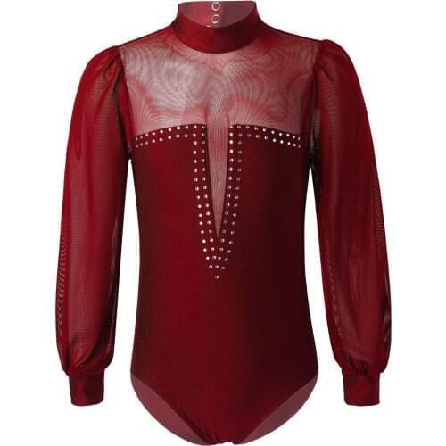 Oyolan Girls Ballet Leotard Long Sleeve Glittering Dance Leotard Solid Mesh Patchwork Dance Bodysuit Ballerina Dress for Girls