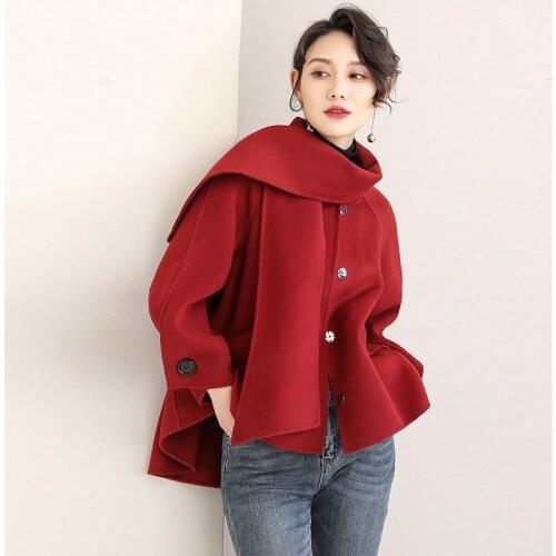 100% Wool Coat Female Jacket Red Korean Cloak Black Fashion Overcoat Women Spring Autumn Coats and Jackets 2020 12QLH1011 KJ6065