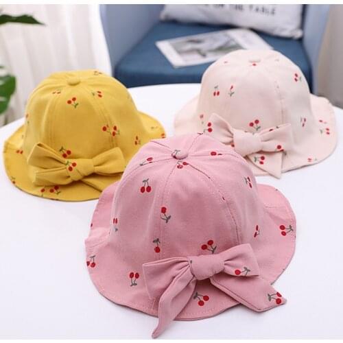 Cute Summer Baby Girl Bucket Hat Print Outdoor Bowknot Kids Girl Sun Hat Children Intant Toddler Panama Fruit Print Beach Cap