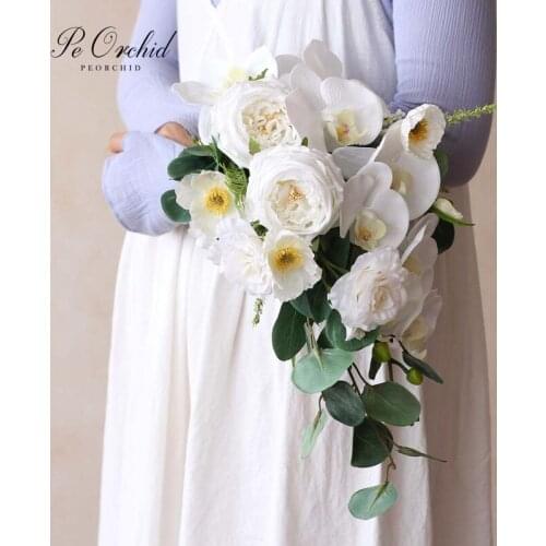 PEORCHID Rose White Waterfall Wedding Bouquet For Bride Ramos De Novia Korean Style Bridal Flowers Artificial Teardrop Bouquet