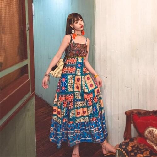 Summer Beach Dress For Women Holiday Long Dresses Retro Vintage Print Embroidery Boho Dress Spaghetti Strap Sundress Vestidos